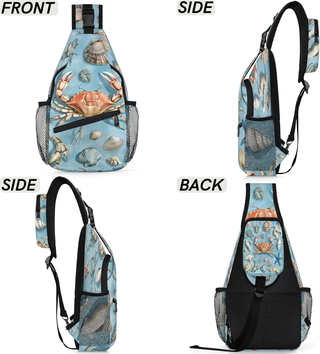 Spring Ocean Sling Bag for Women Men Fanny Pack Small Sling Backpack Starfish Crab Seashell Crossbody Bag Chest Bag Casual Daypack for Work Travel Hiking