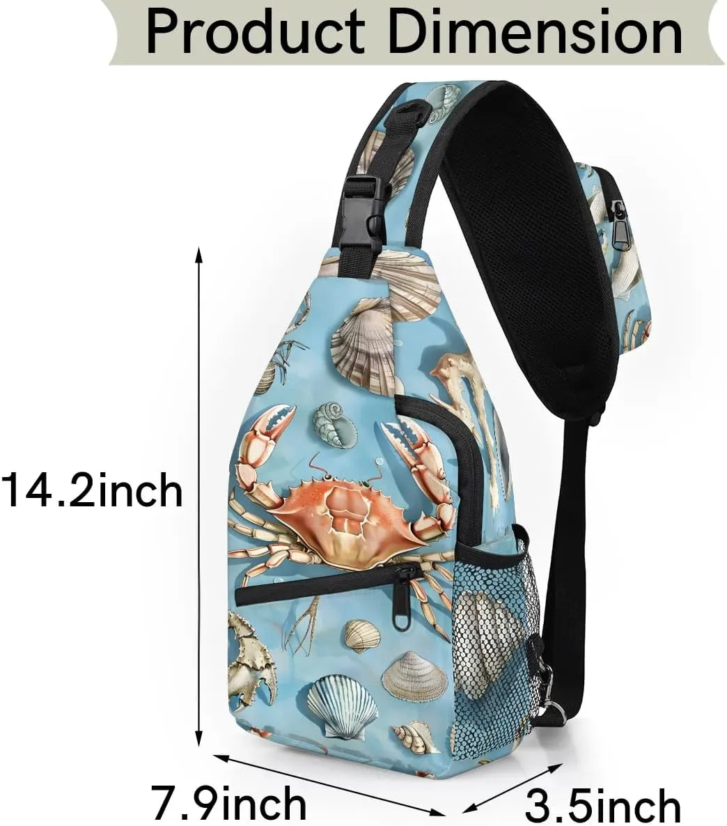Spring Ocean Sling Bag for Women Men Fanny Pack Small Sling Backpack Starfish Crab Seashell Crossbody Bag Chest Bag Casual Daypack for Work Travel Hiking
