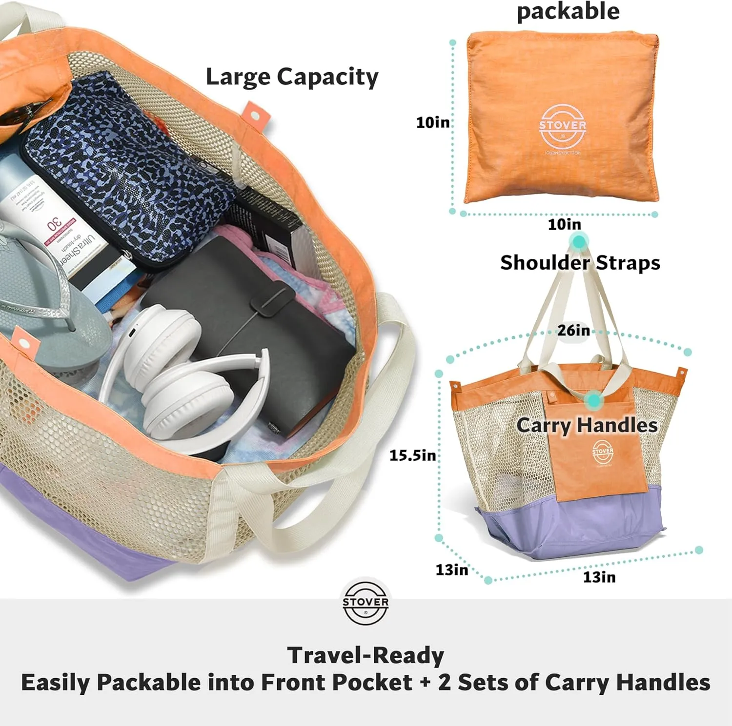 STOVER Large Mesh Beach Bag, Vacation, Pool, Shopping, & Travel Tote - Foldable w/Storage Pockets for Women, Men & Families