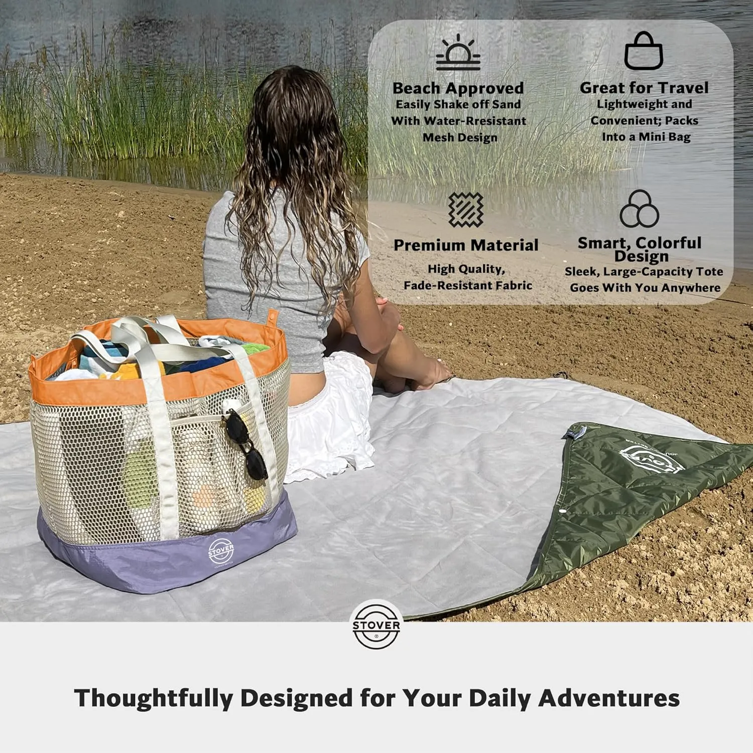 STOVER Large Mesh Beach Bag, Vacation, Pool, Shopping, & Travel Tote - Foldable w/Storage Pockets for Women, Men & Families