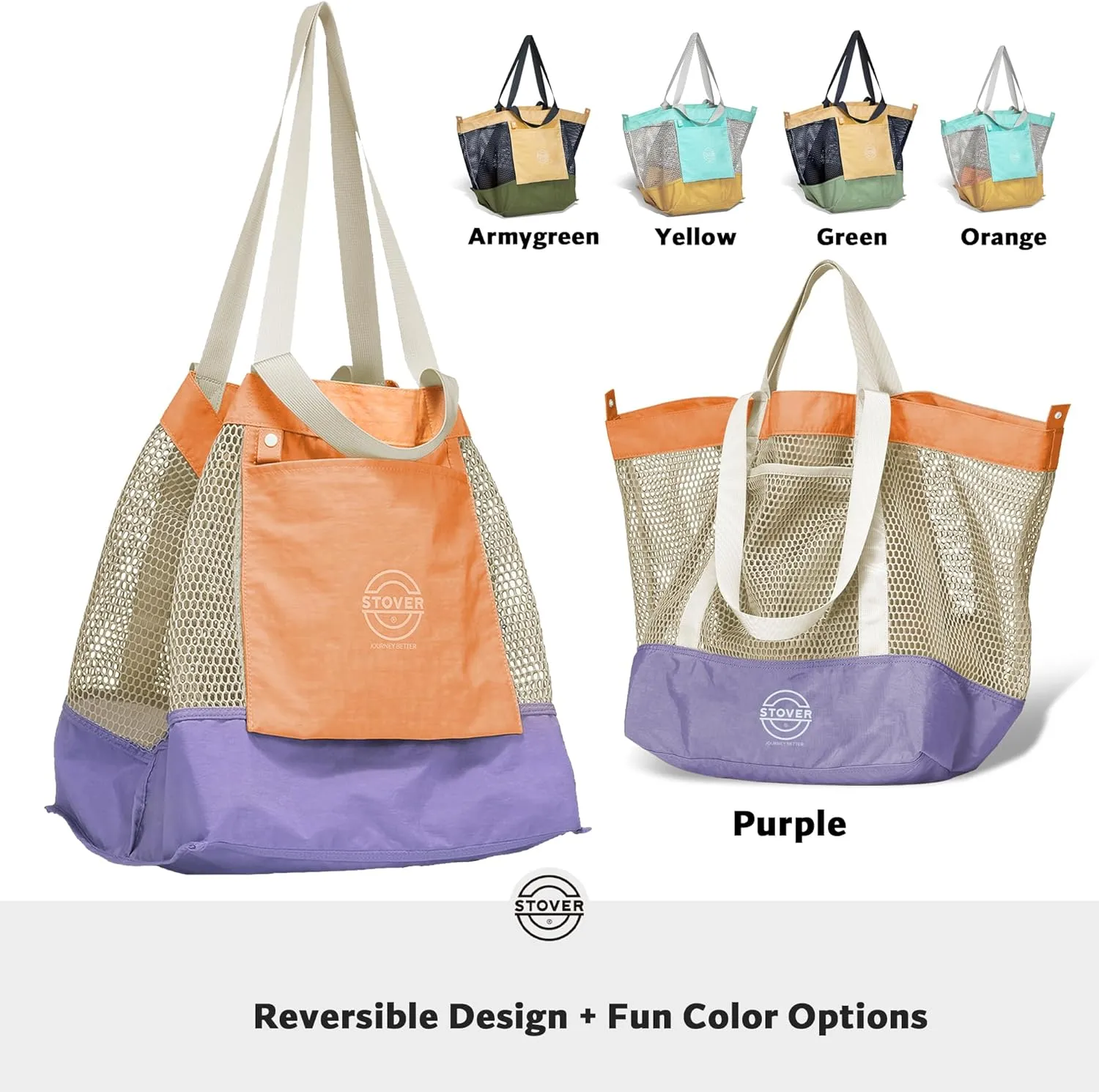 STOVER Large Mesh Beach Bag, Vacation, Pool, Shopping, & Travel Tote - Foldable w/Storage Pockets for Women, Men & Families