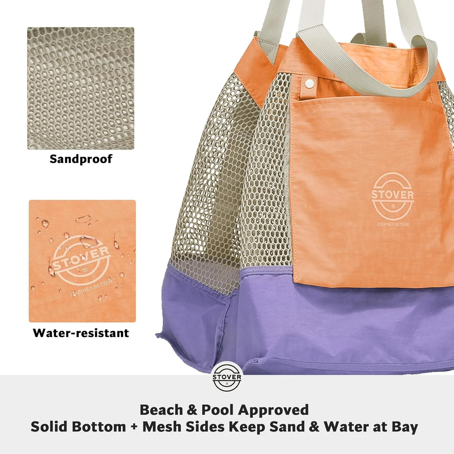 STOVER Large Mesh Beach Bag, Vacation, Pool, Shopping, & Travel Tote - Foldable w/Storage Pockets for Women, Men & Families