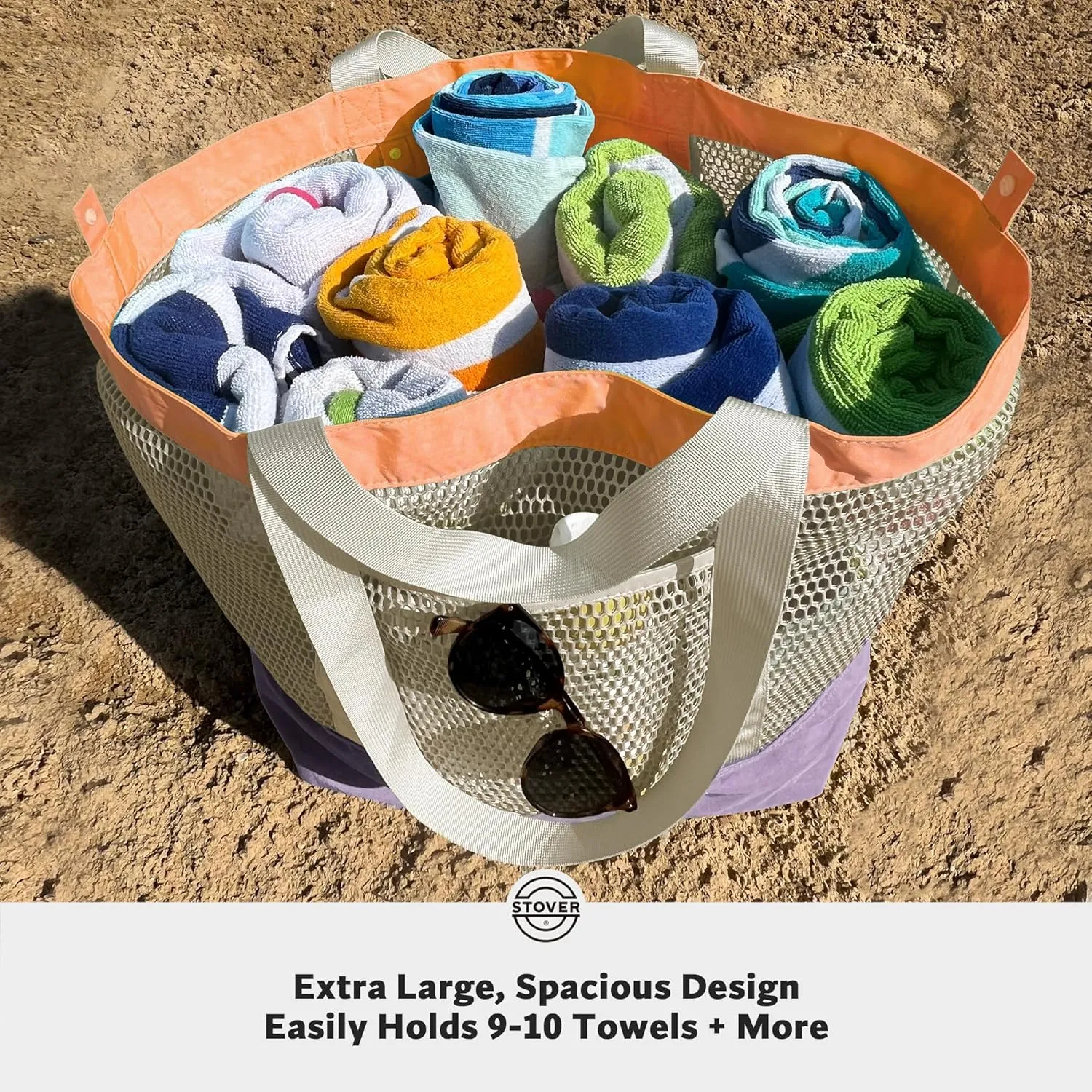 STOVER Large Mesh Beach Bag, Vacation, Pool, Shopping, & Travel Tote - Foldable w/Storage Pockets for Women, Men & Families