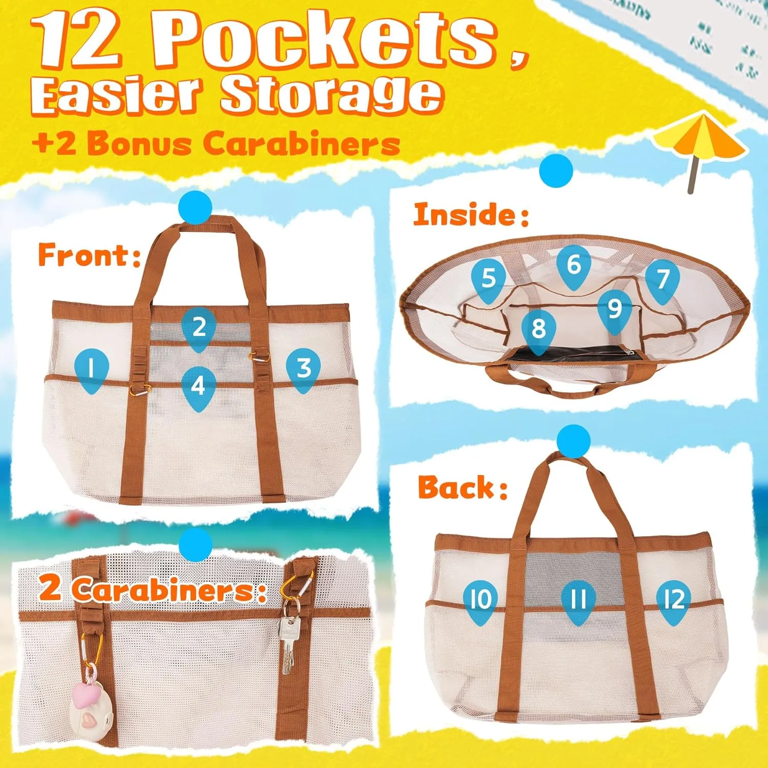Stylish & Spacious XX-Large Beach Bag for Women  12 Pockets, Foldable & Lightweight Mesh Tote, Includes 2 Carabiners