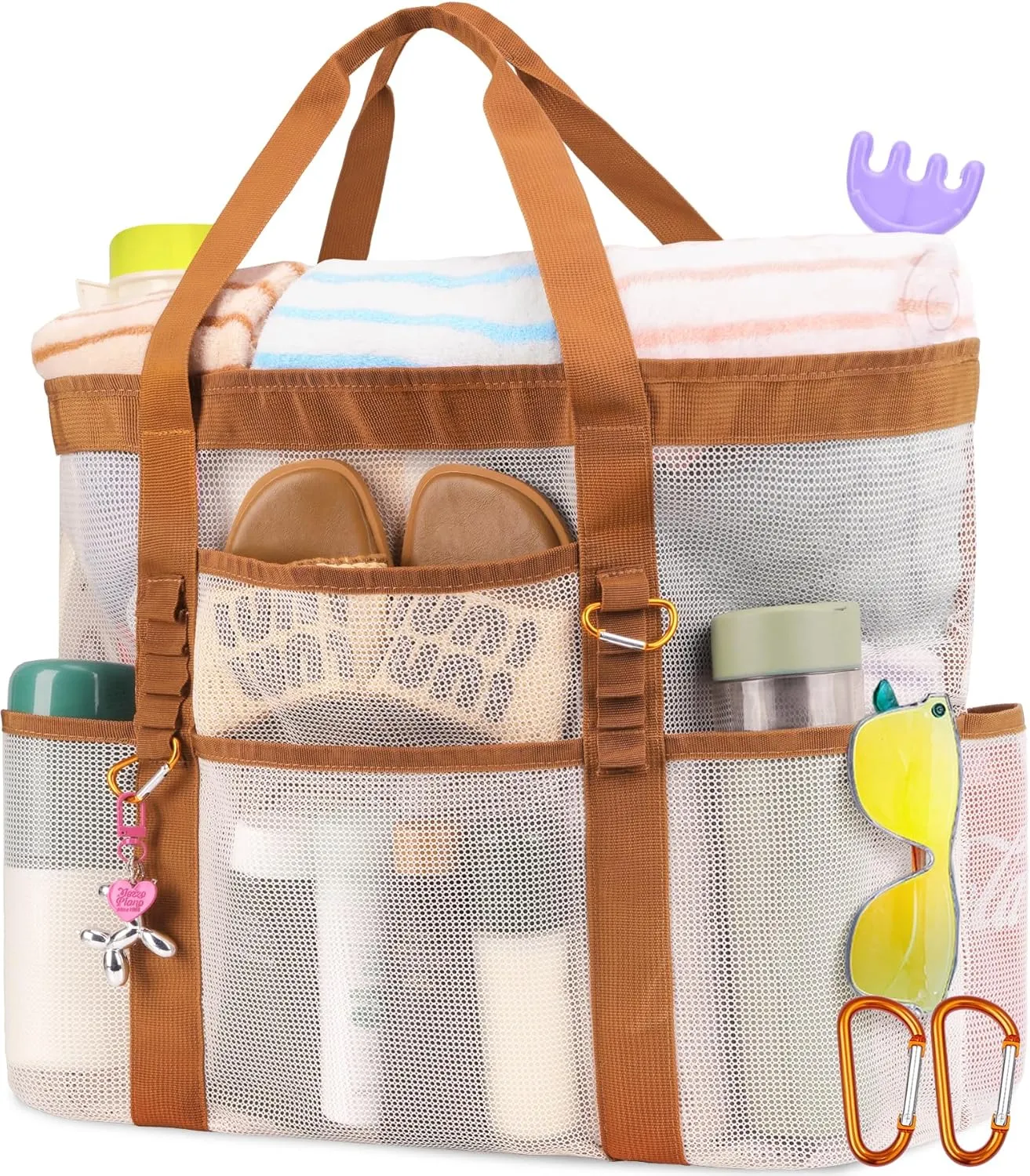 Stylish & Spacious XX-Large Beach Bag for Women  12 Pockets, Foldable & Lightweight Mesh Tote, Includes 2 Carabiners