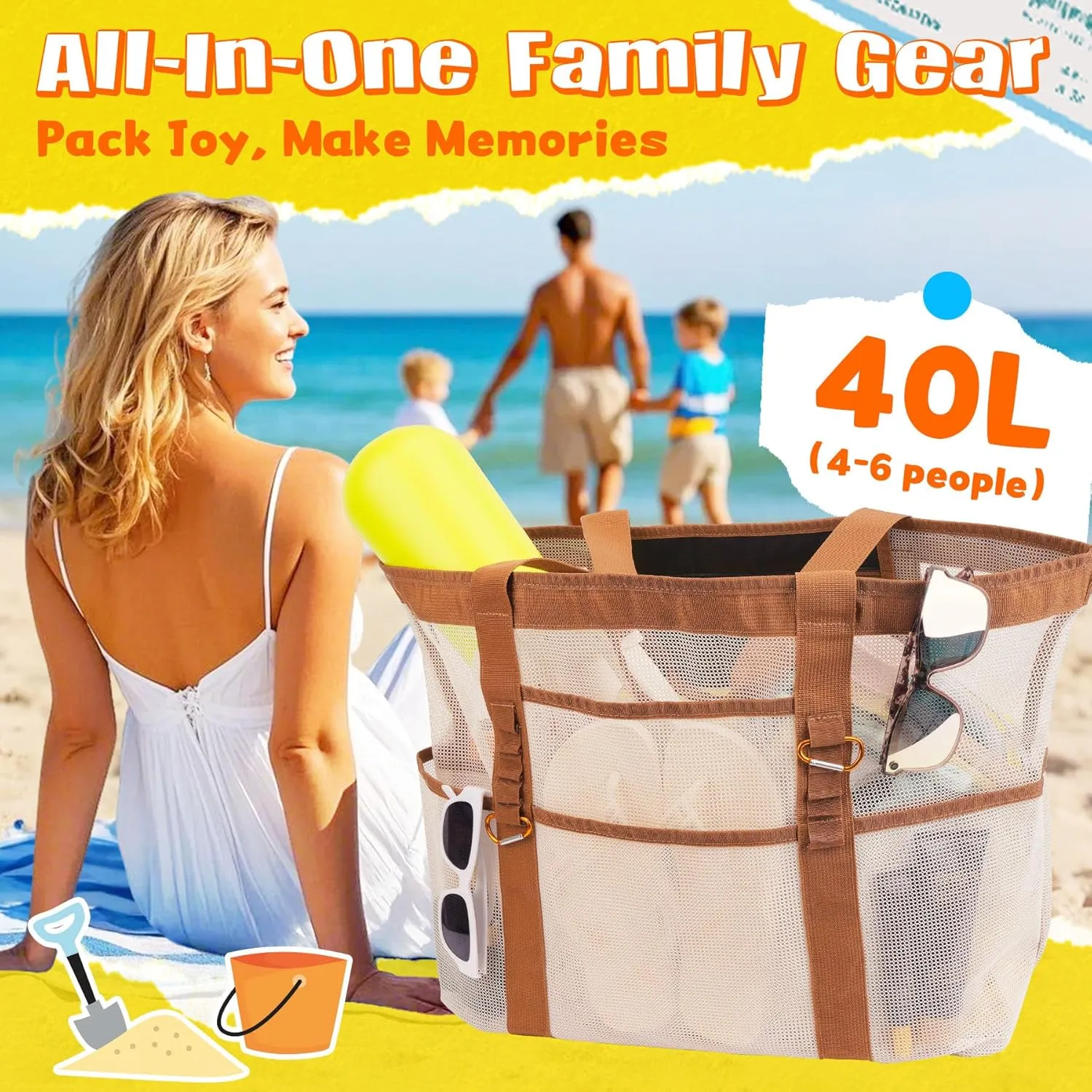 Stylish & Spacious XX-Large Beach Bag for Women  12 Pockets, Foldable & Lightweight Mesh Tote, Includes 2 Carabiners