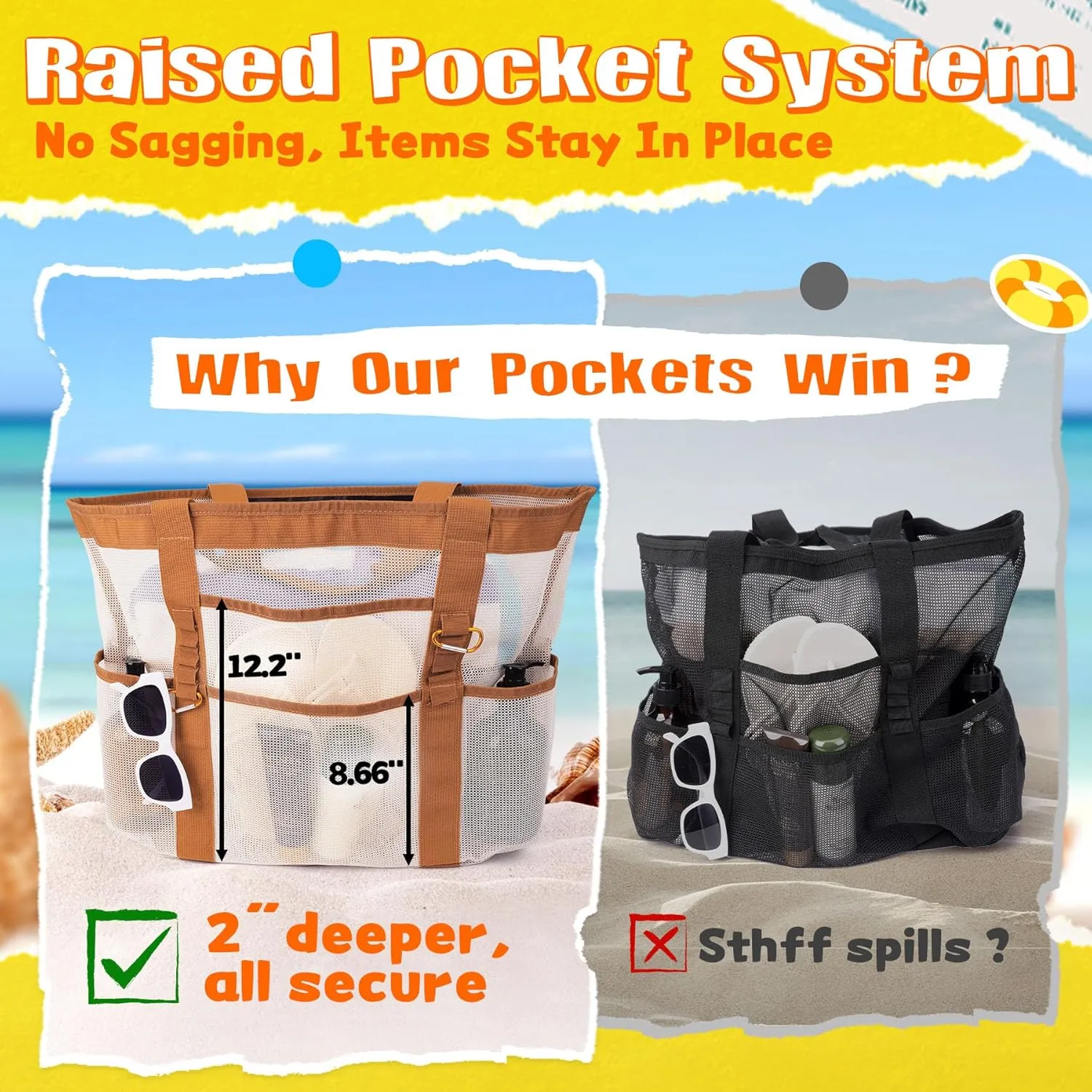 Stylish & Spacious XX-Large Beach Bag for Women  12 Pockets, Foldable & Lightweight Mesh Tote, Includes 2 Carabiners