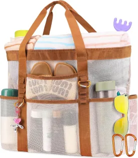 Stylish & Spacious XX-Large Beach Bag for Women  12 Pockets, Foldable & Lightweight Mesh Tote, Includes 2 Carabiners