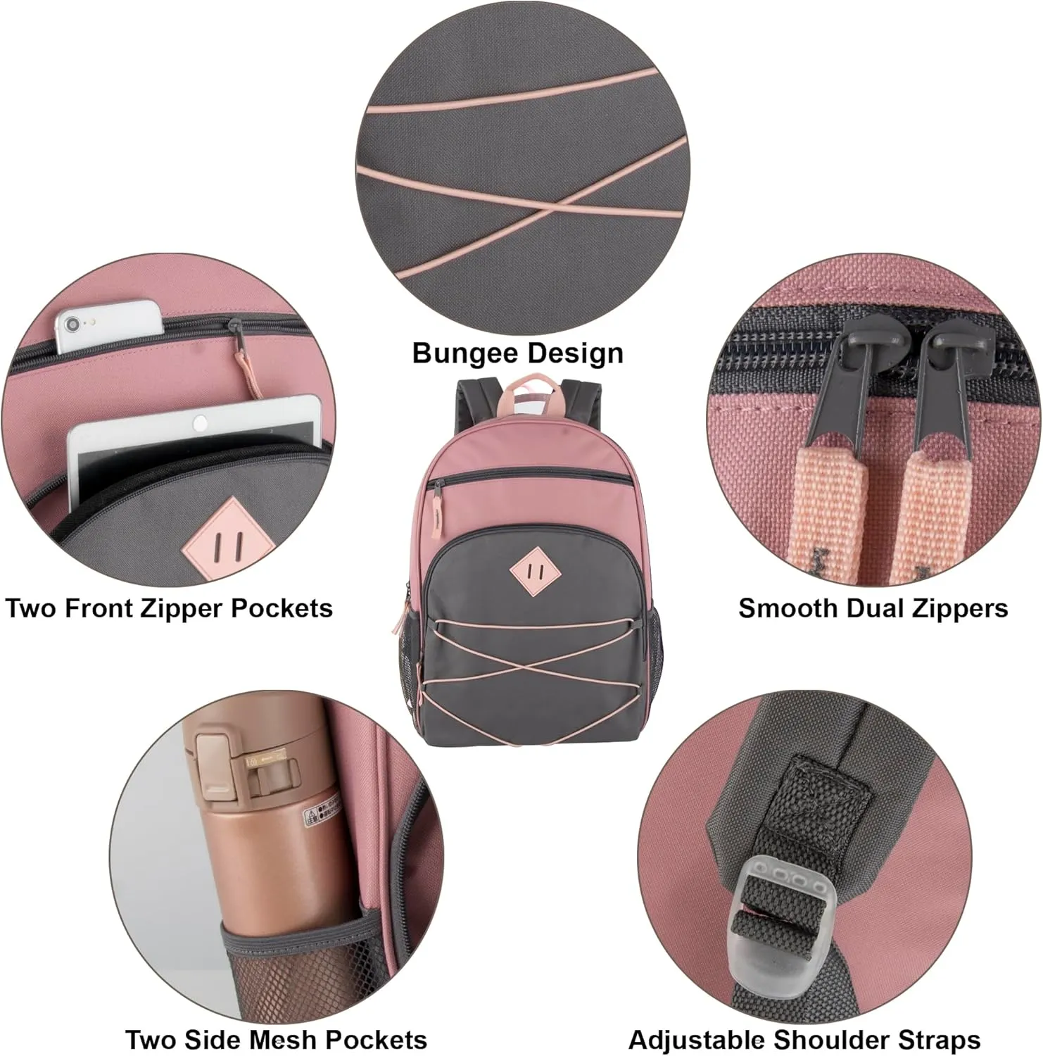Summit Ridge Boys and Girls School Backpacks with Bungee Cord Front | 17 Multi Pocket Backpack for Kids, Teens, Adults, Travel (Pink/Grey)