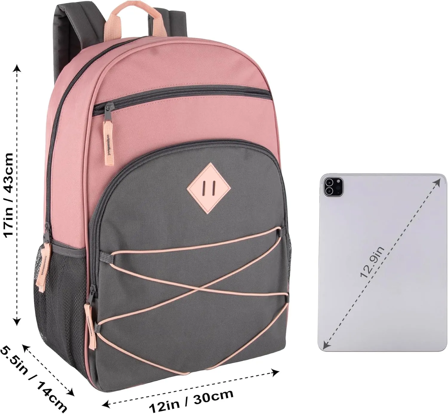 Summit Ridge Boys and Girls School Backpacks with Bungee Cord Front | 17 Multi Pocket Backpack for Kids, Teens, Adults, Travel (Pink/Grey)