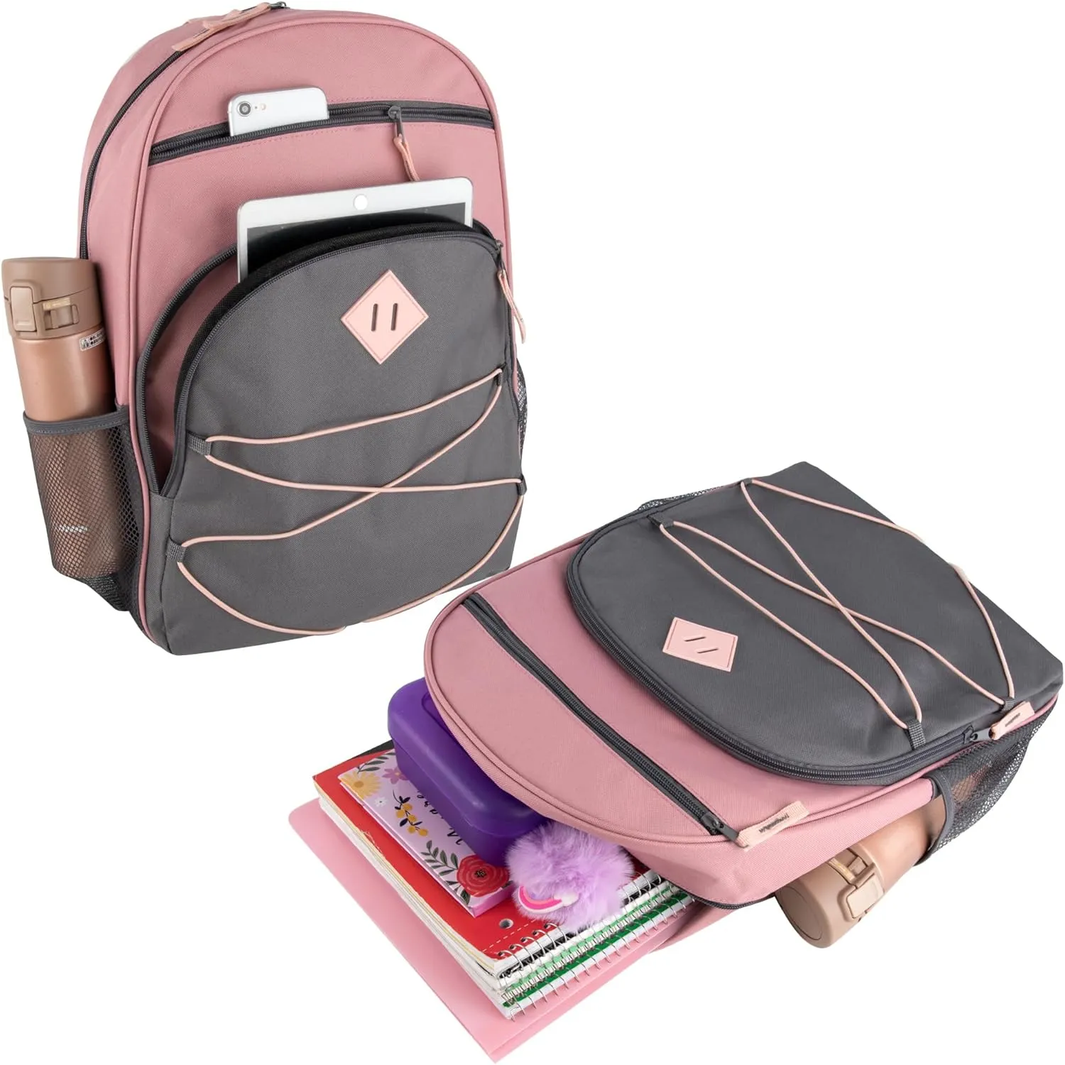 Summit Ridge Boys and Girls School Backpacks with Bungee Cord Front | 17 Multi Pocket Backpack for Kids, Teens, Adults, Travel (Pink/Grey)
