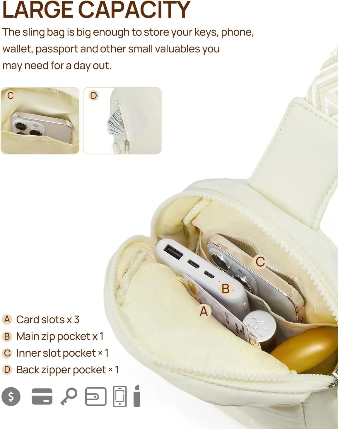 Telena Crossbody Bags for Women Quilted Puffer Cross Body Sling Bag Ivory White