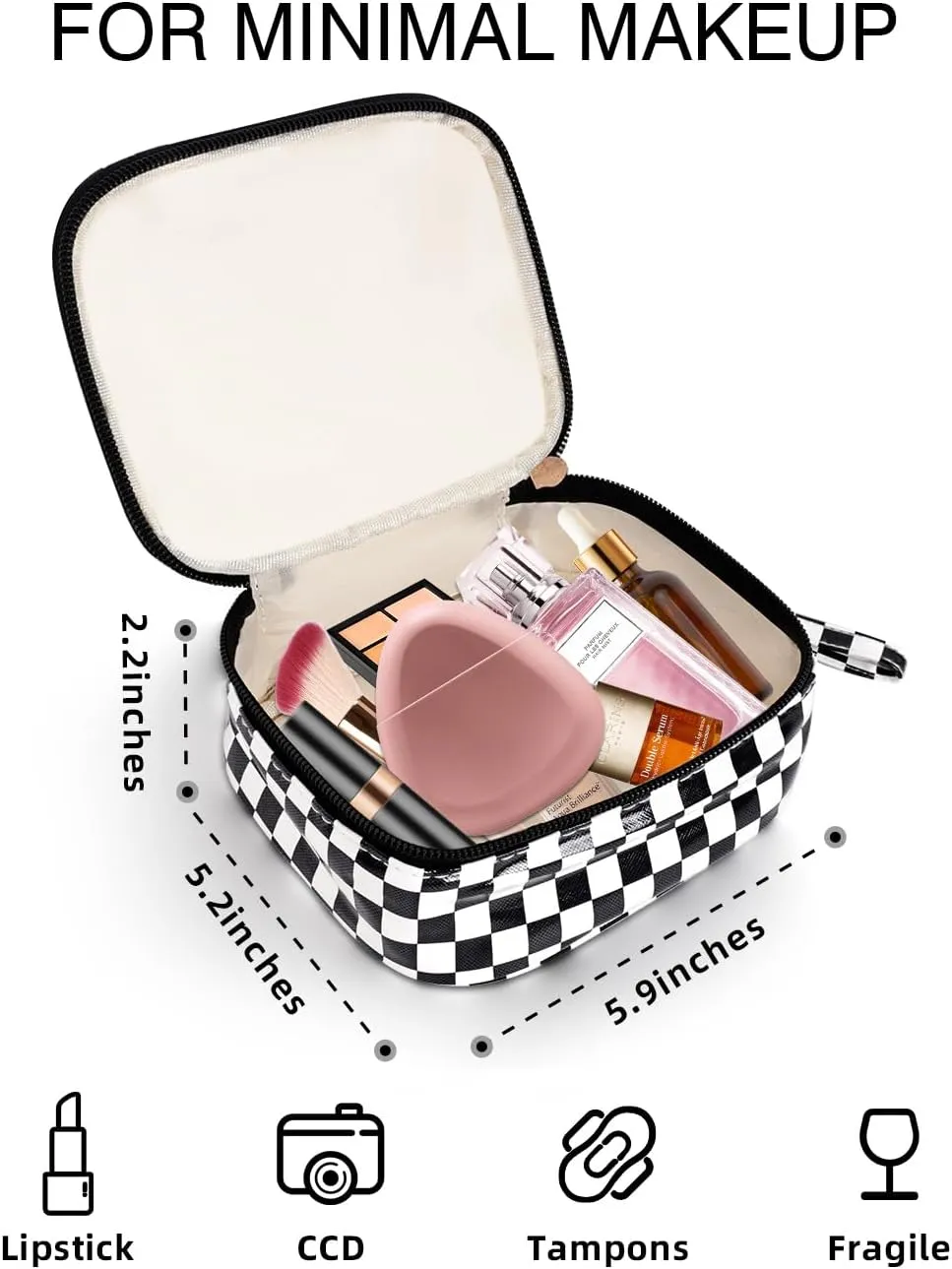 Travel Makeup Bag, Small Cosmetic Bag for Women, Checkered Storage Pouch with Zipper and Wrist Strap, Waterproof Toiletry Bag for Adult, Thick Packing Cube, Black