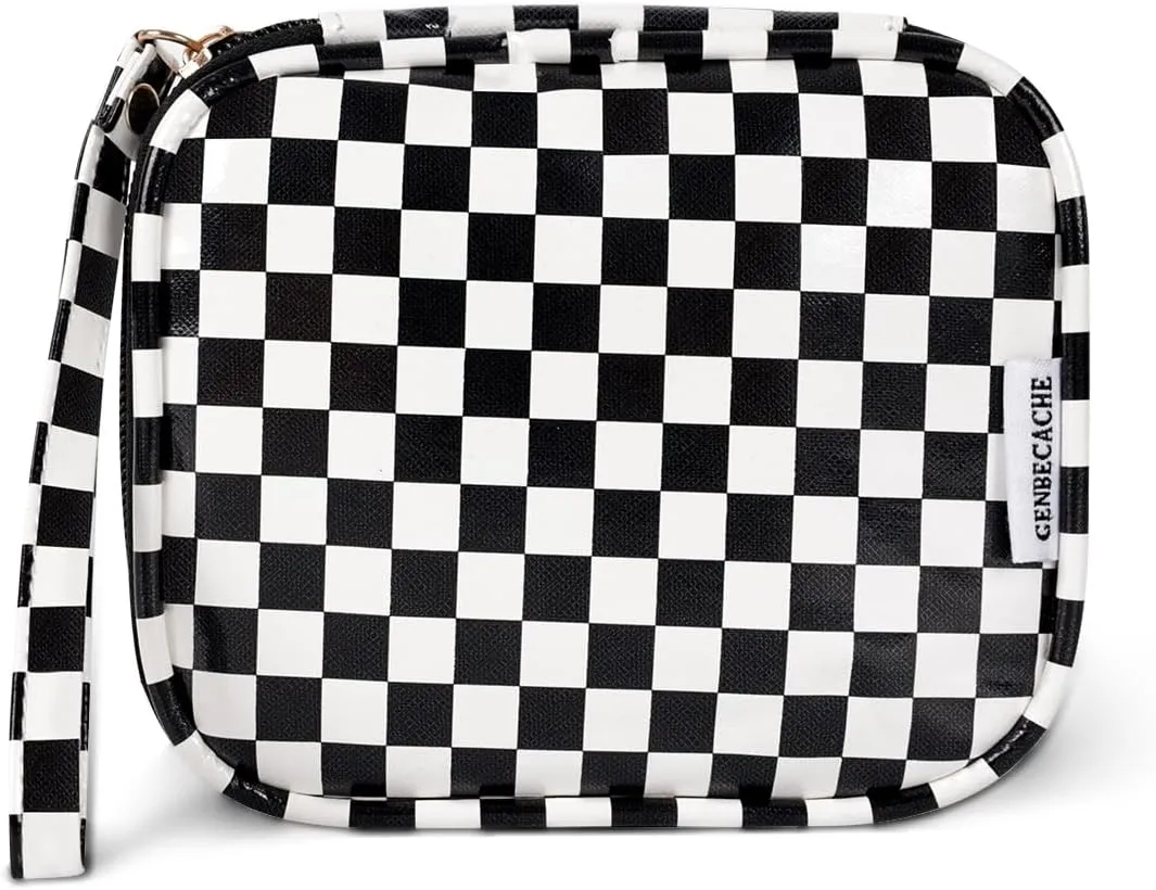Travel Makeup Bag, Small Cosmetic Bag for Women, Checkered Storage Pouch with Zipper and Wrist Strap, Waterproof Toiletry Bag for Adult, Thick Packing Cube, Black