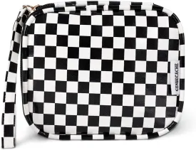Travel Makeup Bag, Small Cosmetic Bag for Women, Checkered Storage Pouch with Zipper and Wrist Strap, Waterproof Toiletry Bag for Adult, Thick Packing Cube, Black