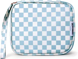 Travel Makeup Bag, Small Cosmetic Bag for Women, Checkered Storage Pouch with Zipper and Wrist Strap, Waterproof Toiletry Bag for Adult, Thick Packing Cube, Blue