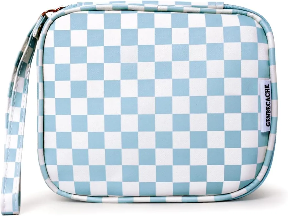 Travel Makeup Bag, Small Cosmetic Bag for Women, Checkered Storage Pouch with Zipper and Wrist Strap, Waterproof Toiletry Bag for Adult, Thick Packing Cube, Blue