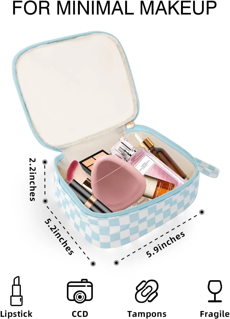 Travel Makeup Bag, Small Cosmetic Bag for Women, Checkered Storage Pouch with Zipper and Wrist Strap, Waterproof Toiletry Bag for Adult, Thick Packing Cube, Blue