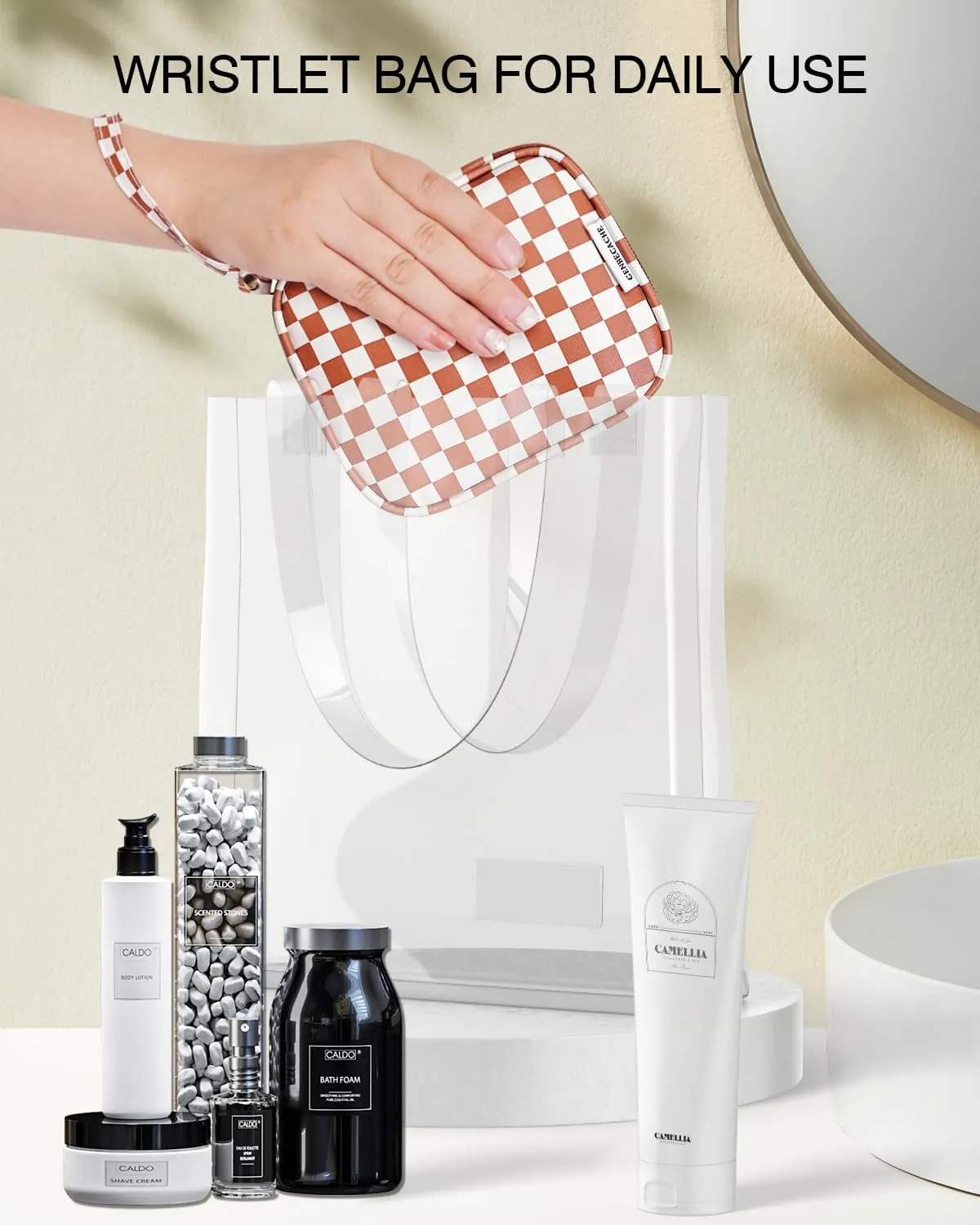 Travel Makeup Bag, Small Cosmetic Bag for Women, Checkered Storage Pouch with Zipper and Wrist Strap, Waterproof Toiletry Bag for Adult, Thick Packing Cube, Brown