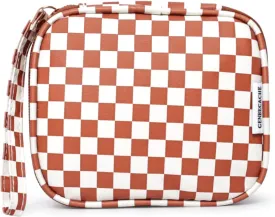 Travel Makeup Bag, Small Cosmetic Bag for Women, Checkered Storage Pouch with Zipper and Wrist Strap, Waterproof Toiletry Bag for Adult, Thick Packing Cube, Brown