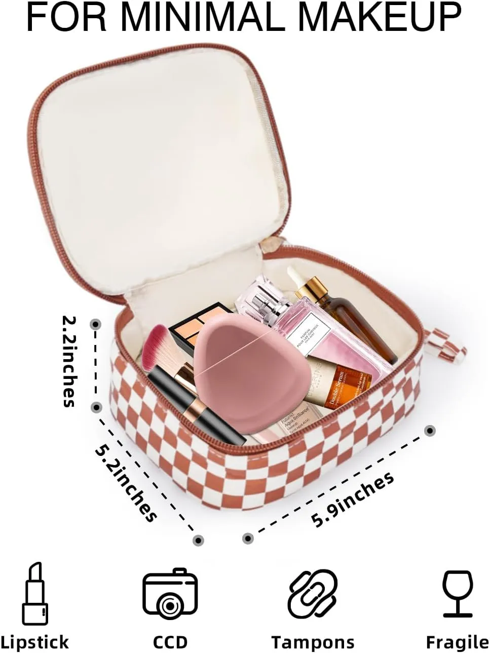 Travel Makeup Bag, Small Cosmetic Bag for Women, Checkered Storage Pouch with Zipper and Wrist Strap, Waterproof Toiletry Bag for Adult, Thick Packing Cube, Brown