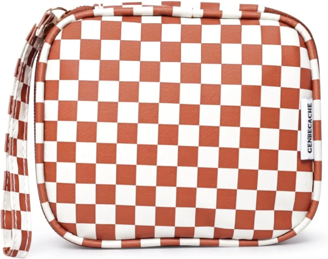Travel Makeup Bag, Small Cosmetic Bag for Women, Checkered Storage Pouch with Zipper and Wrist Strap, Waterproof Toiletry Bag for Adult, Thick Packing Cube, Brown