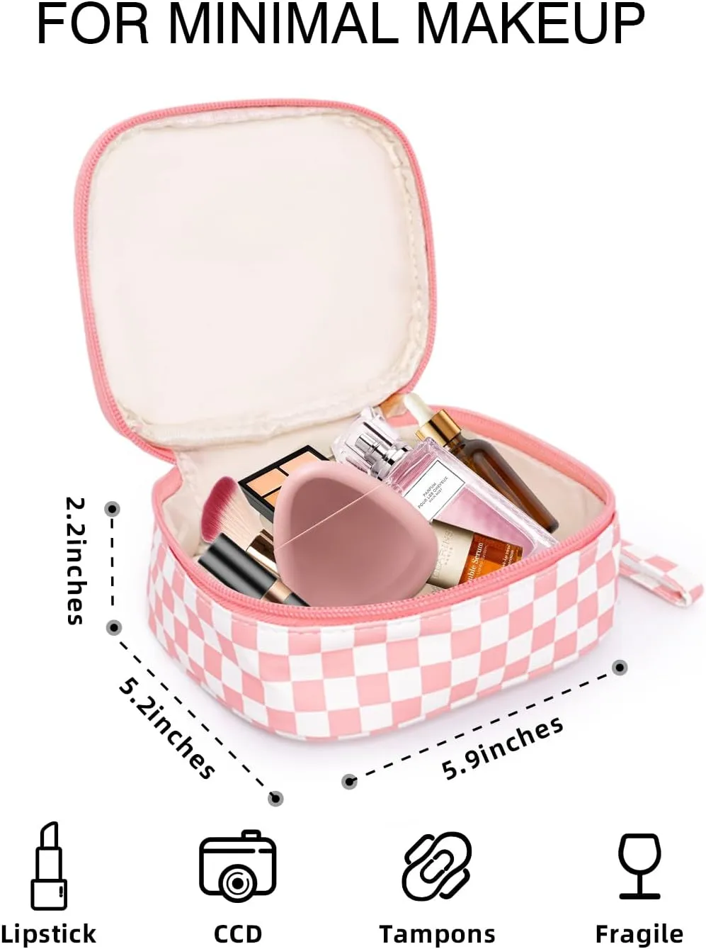 Travel Makeup Bag, Small Cosmetic Bag for Women, Checkered Storage Pouch with Zipper and Wrist Strap, Waterproof Toiletry Bag for Adult, Thick Packing Cube, Pink