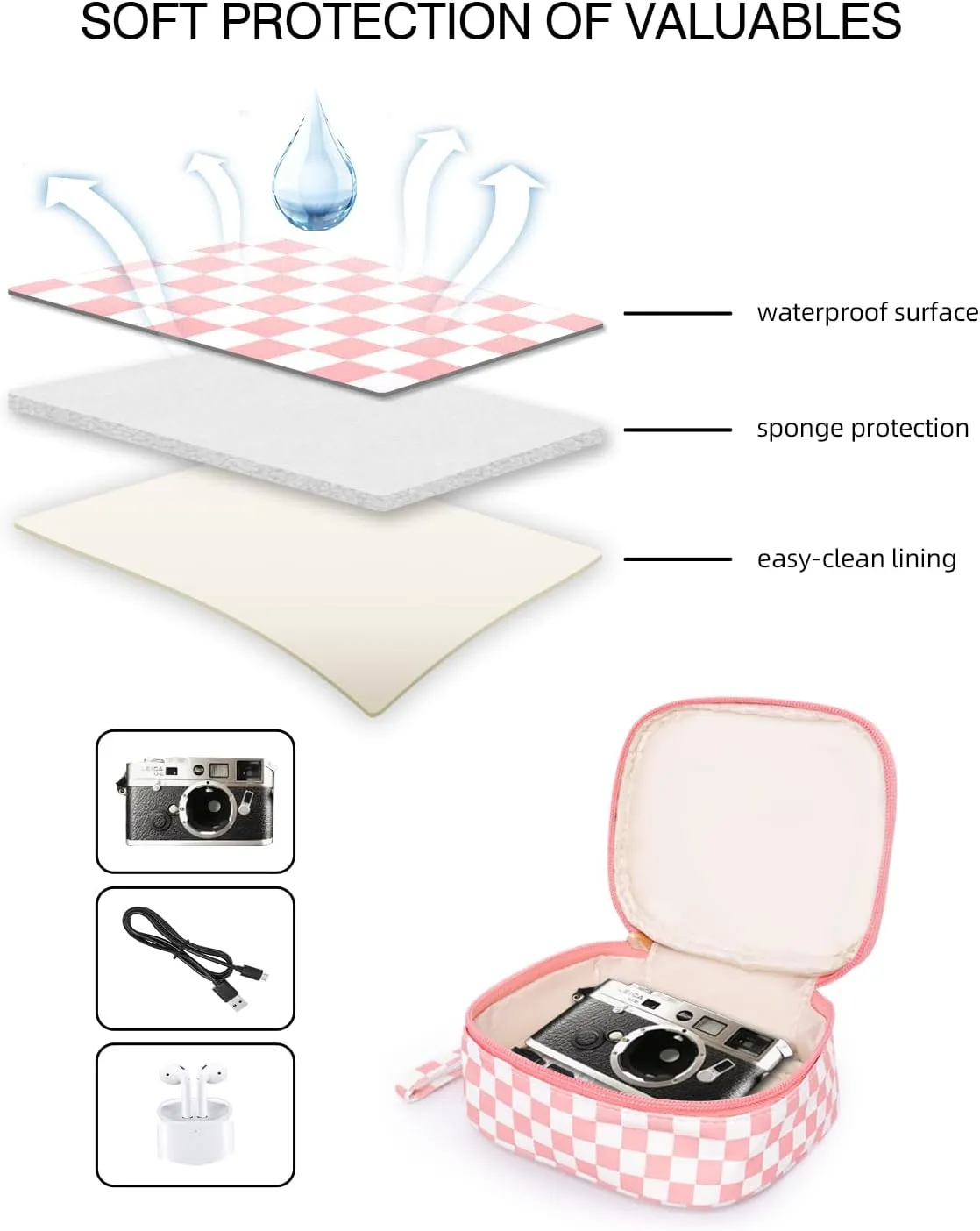 Travel Makeup Bag, Small Cosmetic Bag for Women, Checkered Storage Pouch with Zipper and Wrist Strap, Waterproof Toiletry Bag for Adult, Thick Packing Cube, Pink