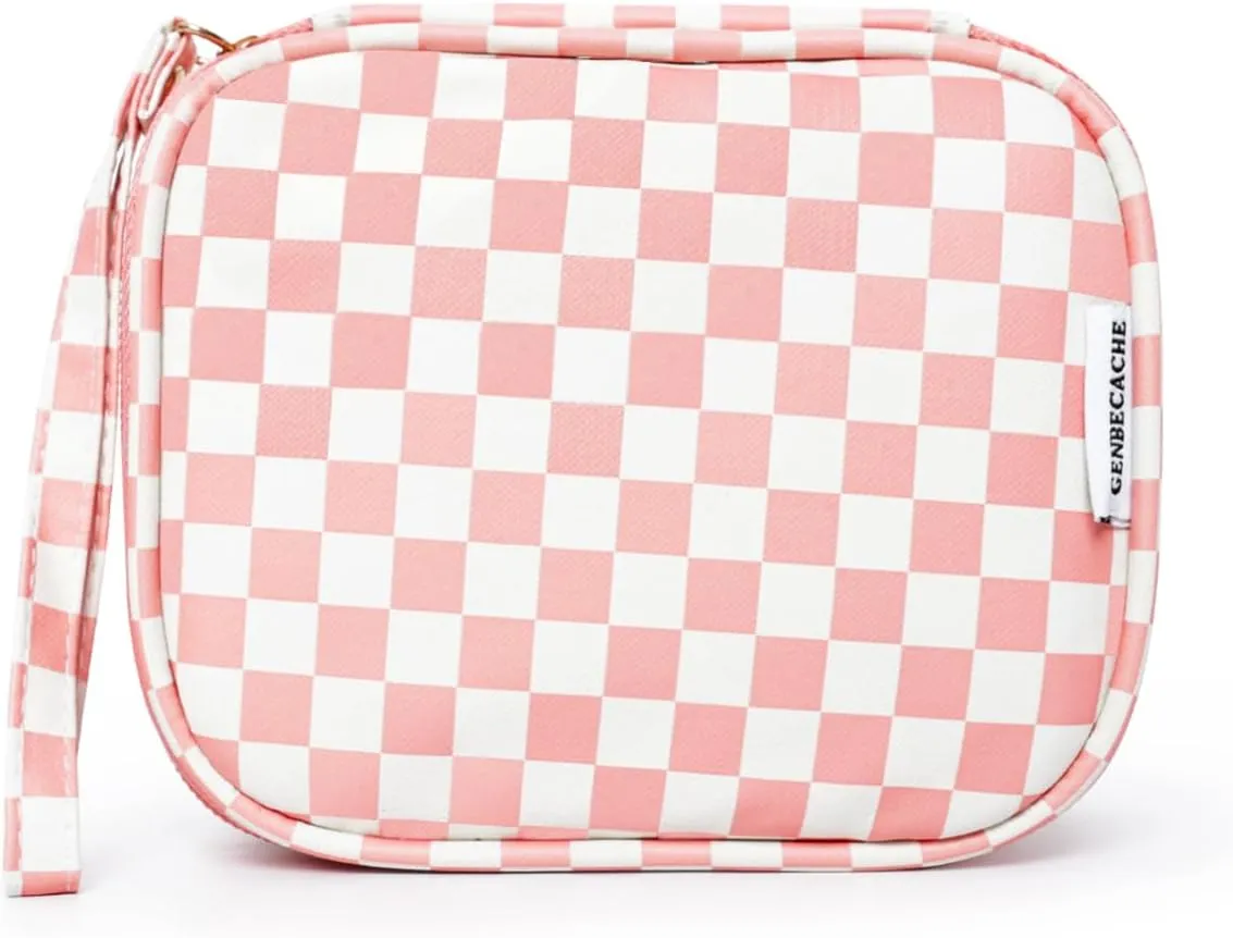 Travel Makeup Bag, Small Cosmetic Bag for Women, Checkered Storage Pouch with Zipper and Wrist Strap, Waterproof Toiletry Bag for Adult, Thick Packing Cube, Pink