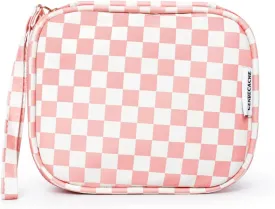 Travel Makeup Bag, Small Cosmetic Bag for Women, Checkered Storage Pouch with Zipper and Wrist Strap, Waterproof Toiletry Bag for Adult, Thick Packing Cube, Pink
