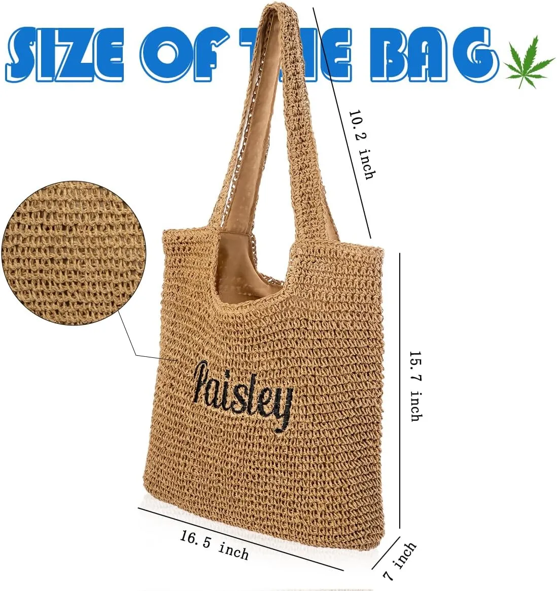 Ulico Personalized Straw Beach Bags for Women, Large Tote Bag with Embroidered Name Lightweight Foldable Shoulder Bag