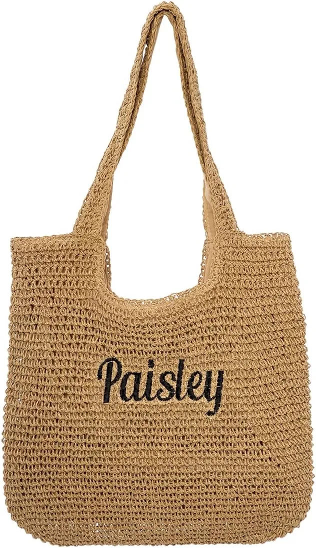 Ulico Personalized Straw Beach Bags for Women, Large Tote Bag with Embroidered Name Lightweight Foldable Shoulder Bag