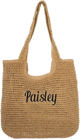 Ulico Personalized Straw Beach Bags for Women, Large Tote Bag with Embroidered Name Lightweight Foldable Shoulder Bag