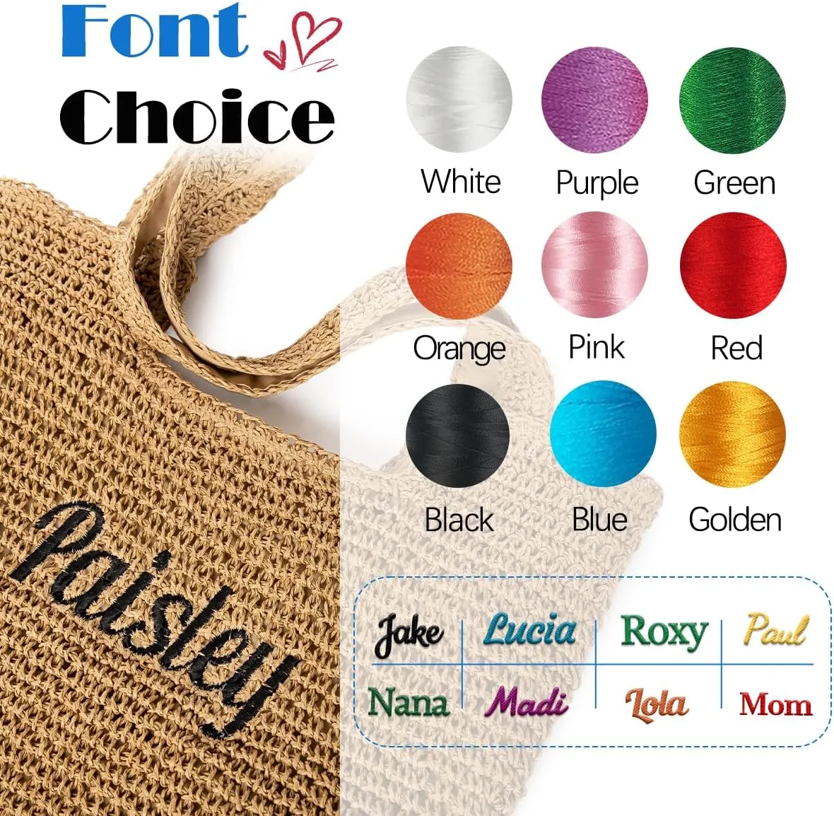 Ulico Personalized Straw Beach Bags for Women, Large Tote Bag with Embroidered Name Lightweight Foldable Shoulder Bag