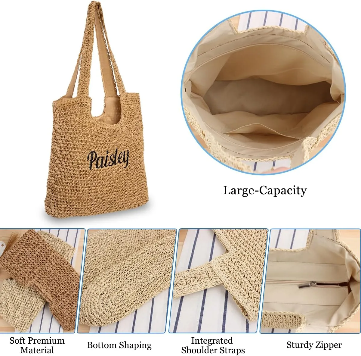 Ulico Personalized Straw Beach Bags for Women, Large Tote Bag with Embroidered Name Lightweight Foldable Shoulder Bag