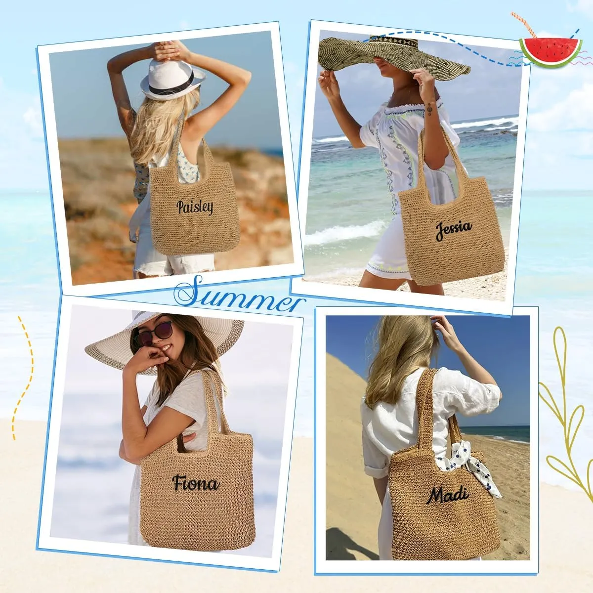 Ulico Personalized Straw Beach Bags for Women, Large Tote Bag with Embroidered Name Lightweight Foldable Shoulder Bag