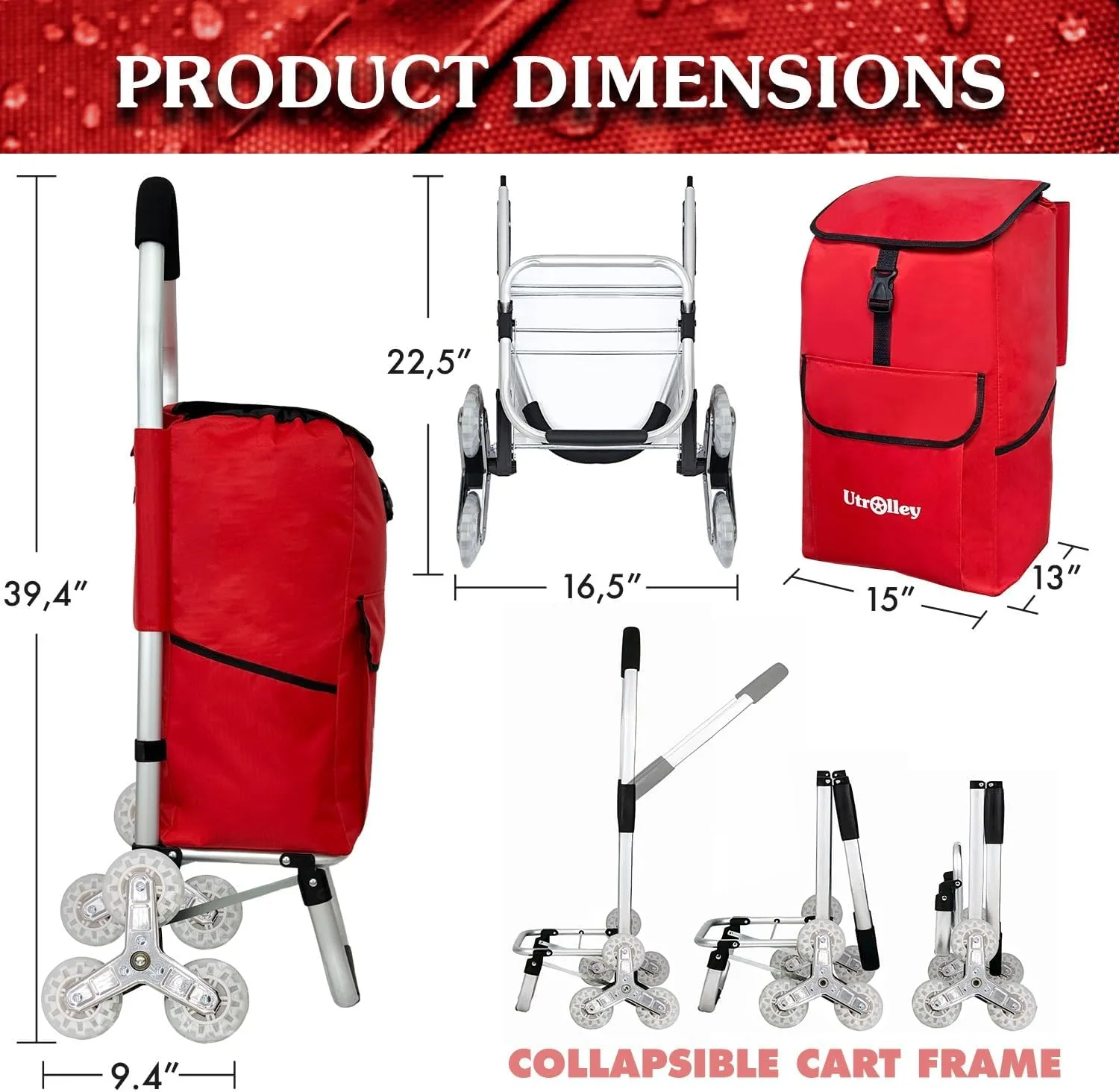 Ultra-Lightweight Foldable Stair-Climbing Red Shopping Cart - 42L Capacity, Six Rubber Wheels, Removable Insulated Bag Liner, Durable Aluminum Frame,Multi-Function Personal Hand Truck