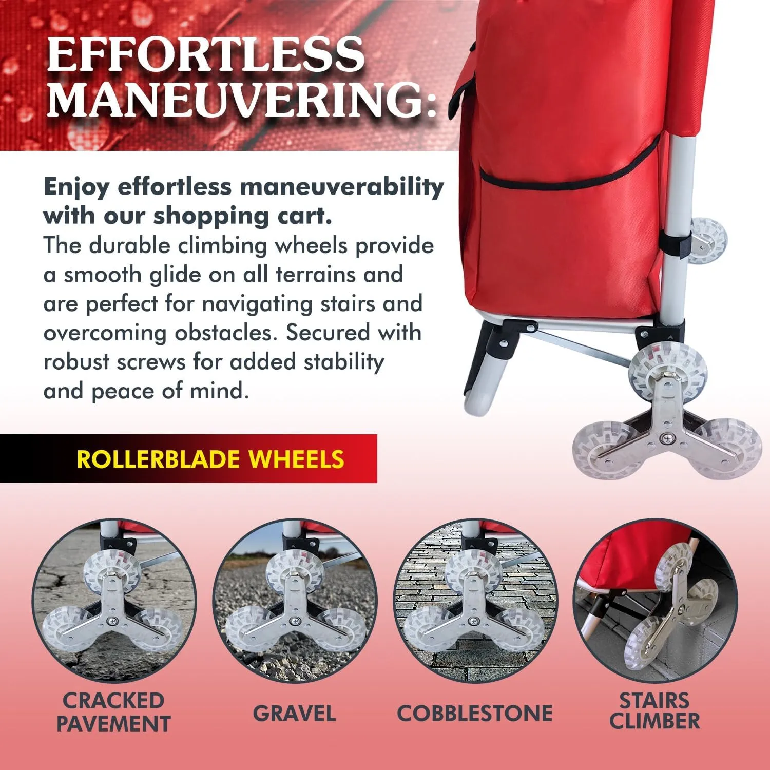 Ultra-Lightweight Foldable Stair-Climbing Red Shopping Cart - 42L Capacity, Six Rubber Wheels, Removable Insulated Bag Liner, Durable Aluminum Frame,Multi-Function Personal Hand Truck