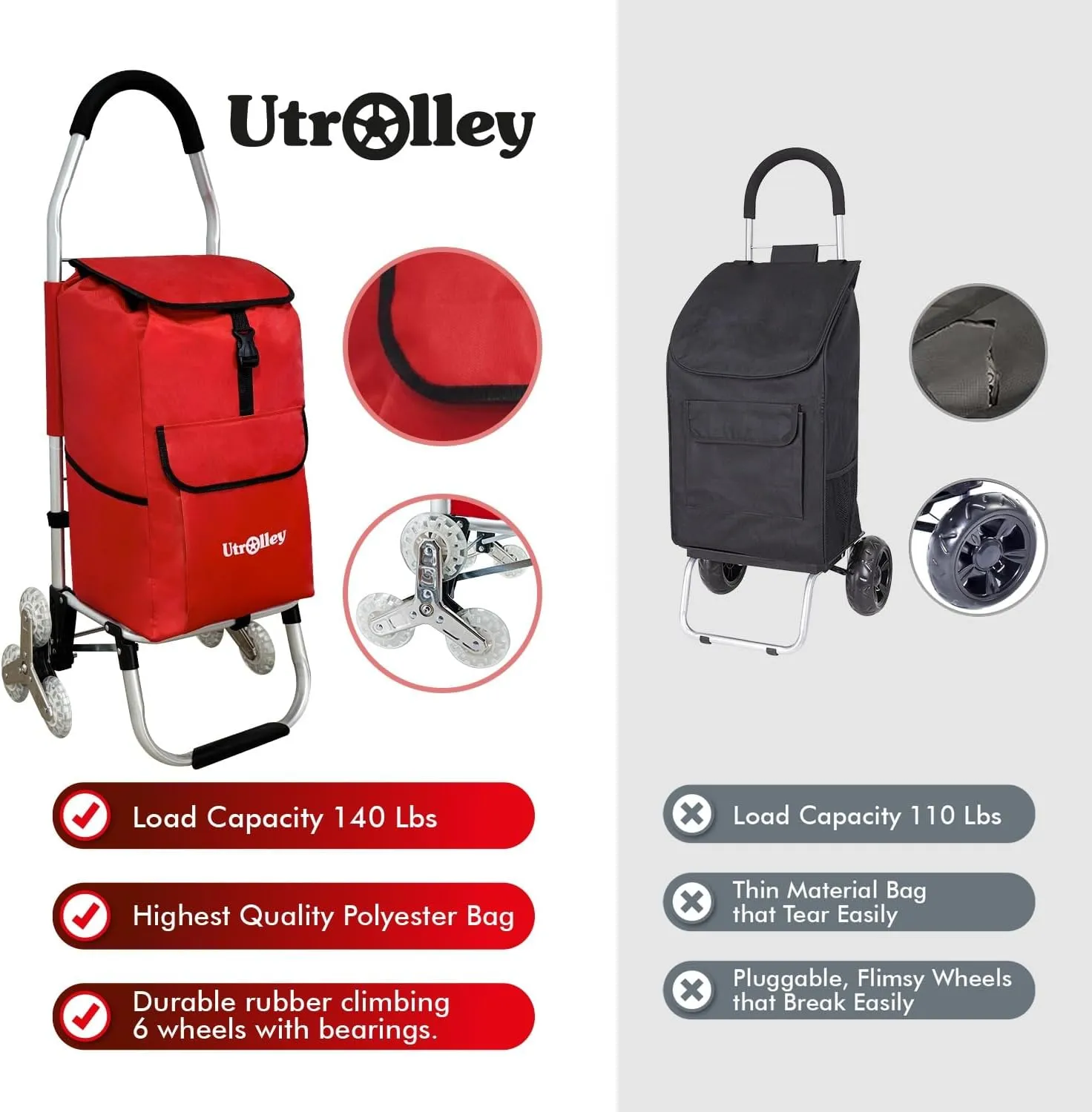 Ultra-Lightweight Foldable Stair-Climbing Red Shopping Cart - 42L Capacity, Six Rubber Wheels, Removable Insulated Bag Liner, Durable Aluminum Frame,Multi-Function Personal Hand Truck
