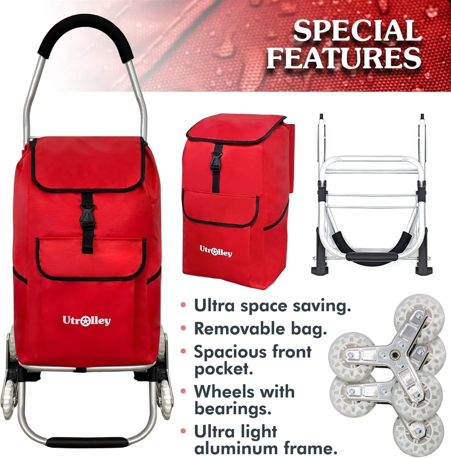 Ultra-Lightweight Foldable Stair-Climbing Red Shopping Cart - 42L Capacity, Six Rubber Wheels, Removable Insulated Bag Liner, Durable Aluminum Frame,Multi-Function Personal Hand Truck