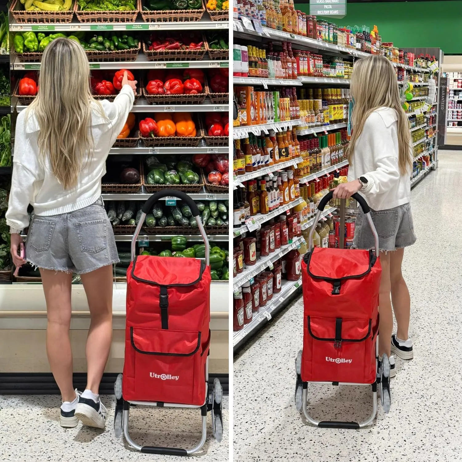 Ultra-Lightweight Foldable Stair-Climbing Red Shopping Cart - 42L Capacity, Six Rubber Wheels, Removable Insulated Bag Liner, Durable Aluminum Frame,Multi-Function Personal Hand Truck