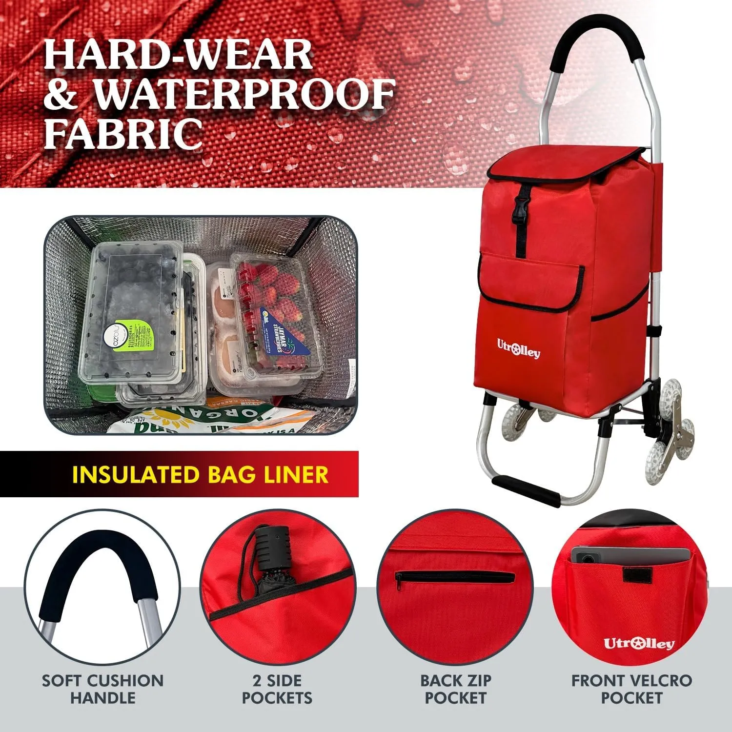 Ultra-Lightweight Foldable Stair-Climbing Red Shopping Cart - 42L Capacity, Six Rubber Wheels, Removable Insulated Bag Liner, Durable Aluminum Frame,Multi-Function Personal Hand Truck