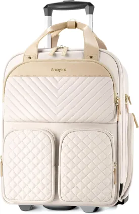 Underseat Carry On Luggage with Wheels, Lightweight Travel Airline Approved Personal Item Bag, Multiple Compartments Carry-On Rolling Suitcase for Women, Beige