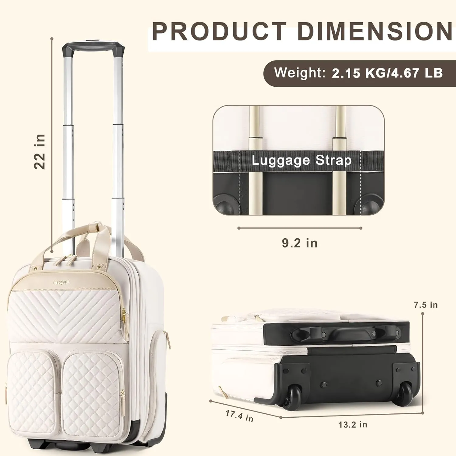 Underseat Carry On Luggage with Wheels, Lightweight Travel Airline Approved Personal Item Bag, Multiple Compartments Carry-On Rolling Suitcase for Women, Beige