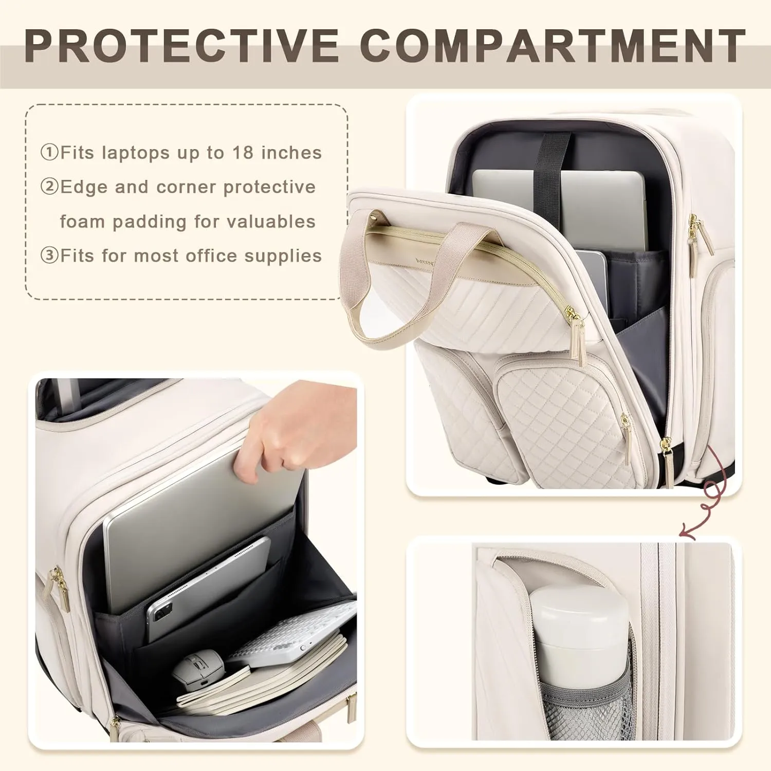 Underseat Carry On Luggage with Wheels, Lightweight Travel Airline Approved Personal Item Bag, Multiple Compartments Carry-On Rolling Suitcase for Women, Beige