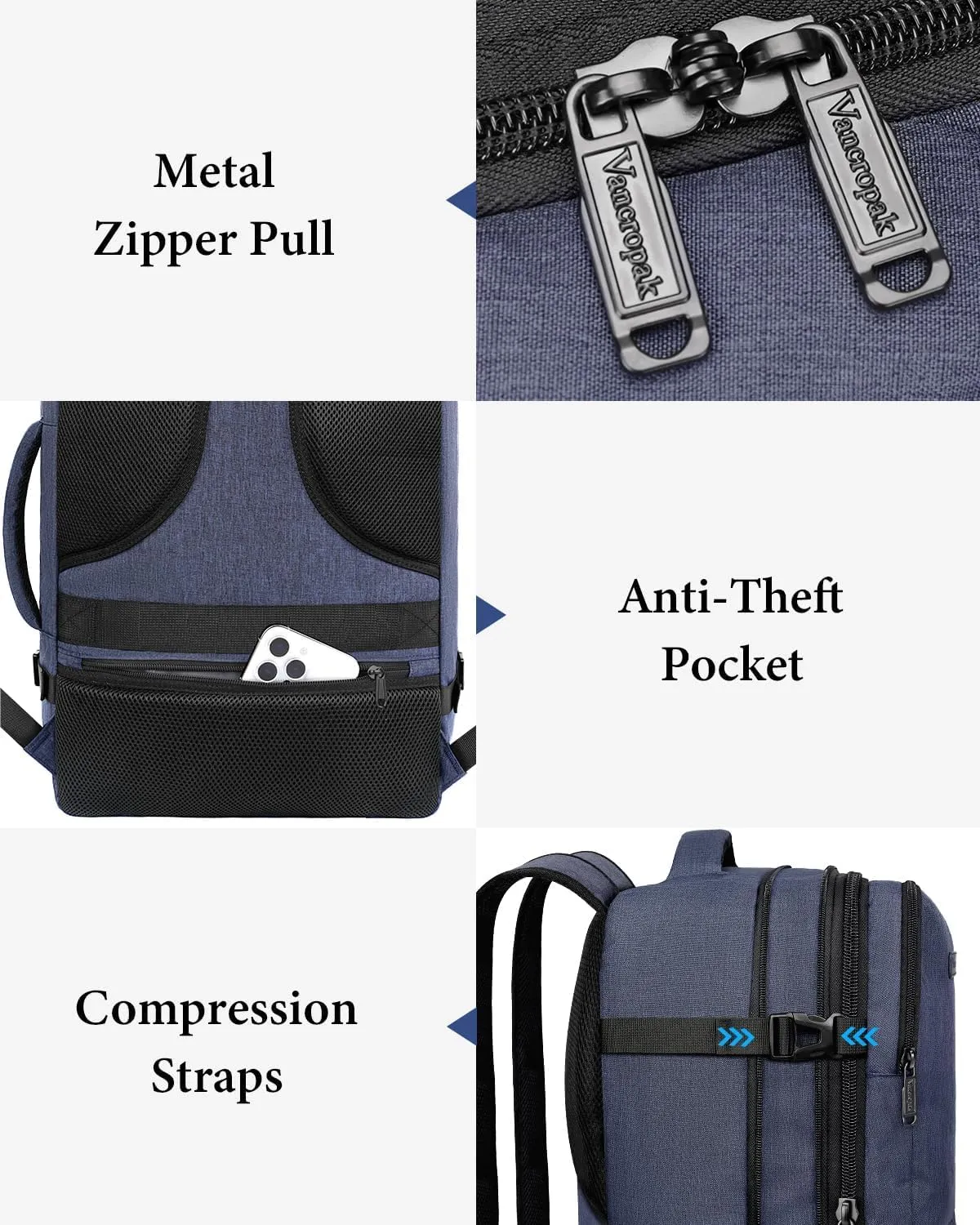 Vancropak Carry on Backpack, Airline Approved Expandable Travel Backpack with 3 Packing Cubes, TSA Personal Item Travel Bag for Men Women, 40L Water Resistant Weekender Luggage Suitcase Daypack, Blue