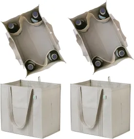 VENO 4 Pack Large Reusable Grocery Shopping Bags, Tote Bag w/ 4 Pockets & Hard Bottom, Heavy Duty Wine Carrier -Beige