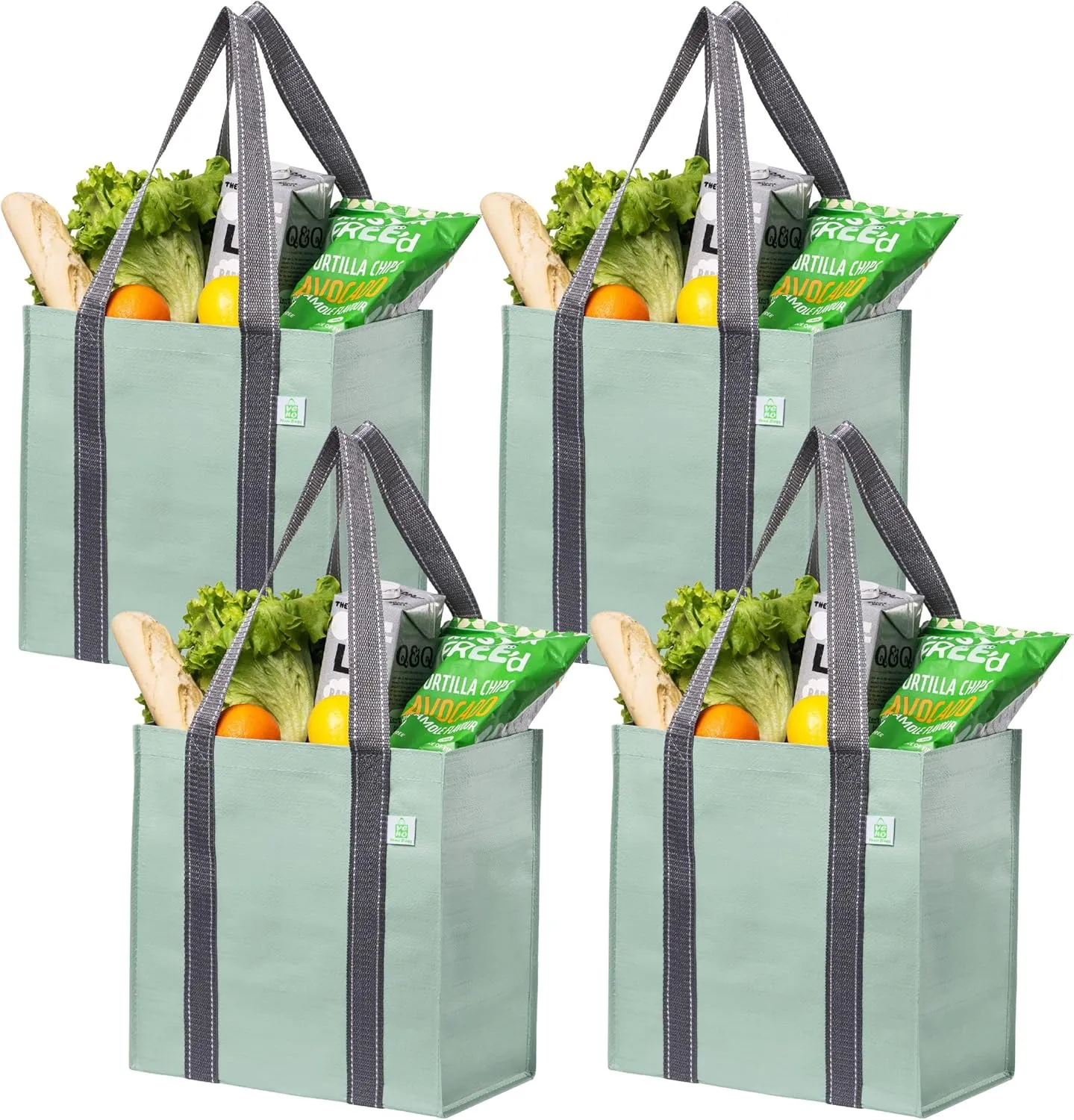VENO 4 Pack Reusable Grocery Bags Shopping Bags, Medium Tote Bag w/Handle & Hard Bottom, Heavy Duty, Foldable Bag Carrier - Green