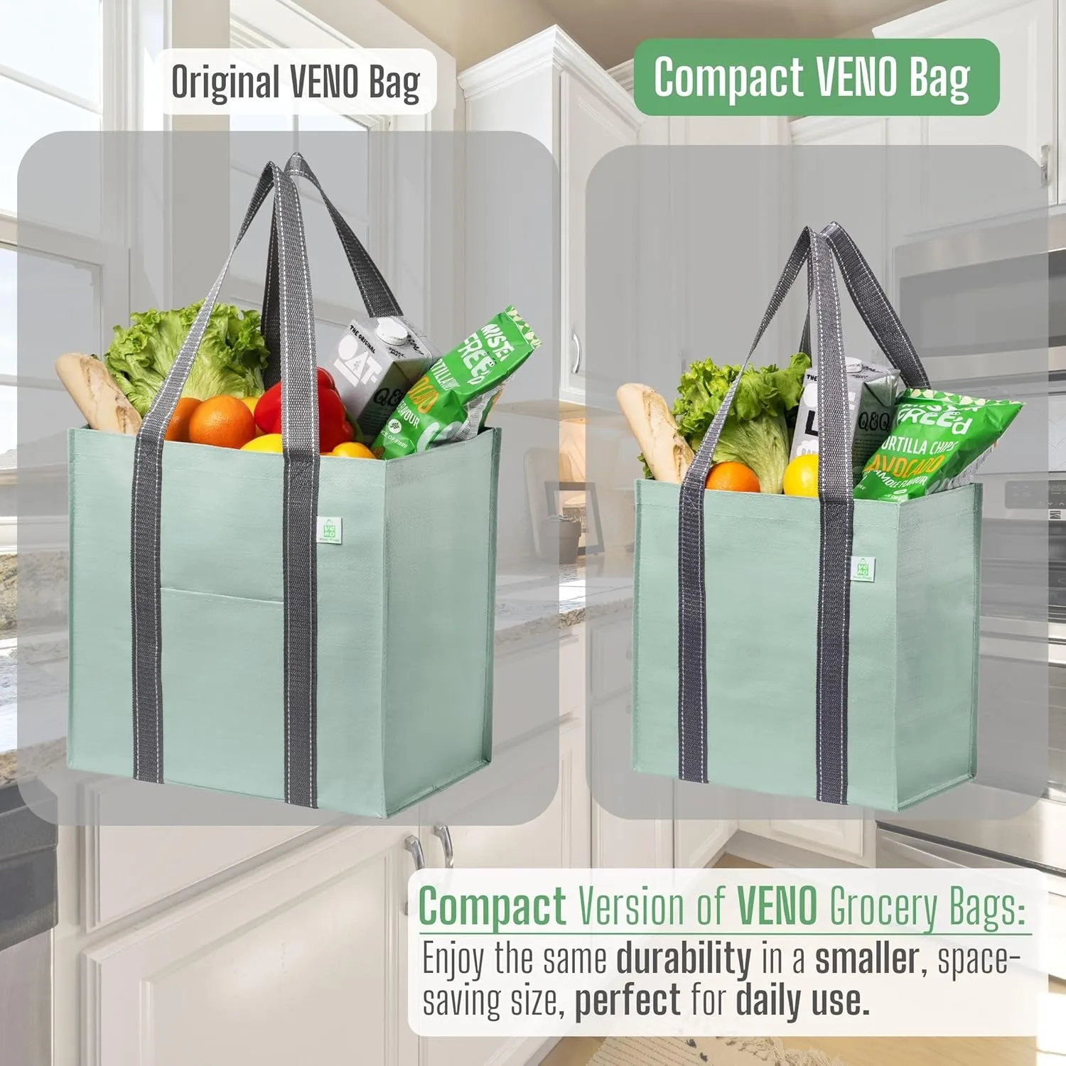 VENO 4 Pack Reusable Grocery Bags Shopping Bags, Medium Tote Bag w/Handle & Hard Bottom, Heavy Duty, Foldable Bag Carrier - Green