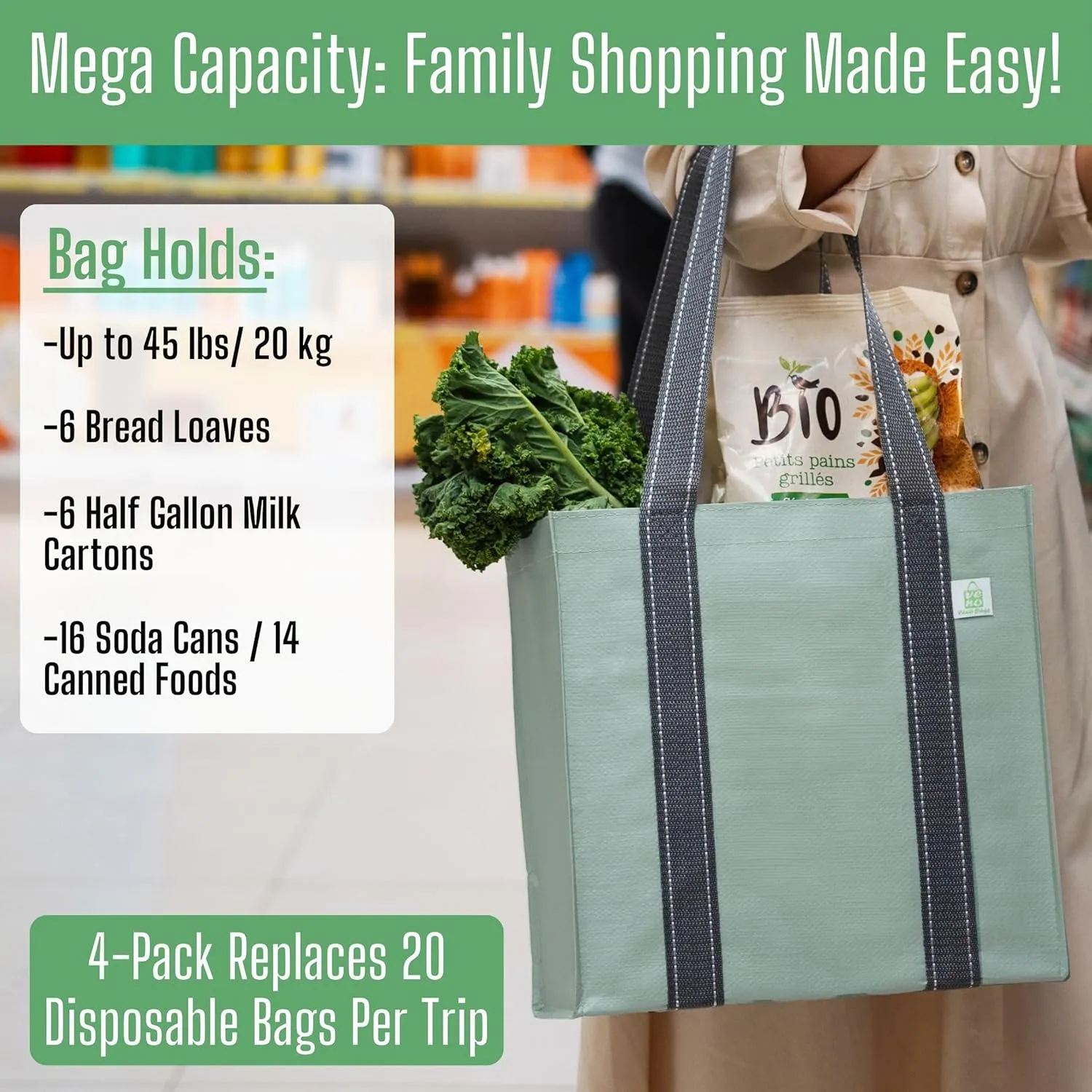 VENO 4 Pack Reusable Grocery Bags Shopping Bags, Medium Tote Bag w/Handle & Hard Bottom, Heavy Duty, Foldable Bag Carrier - Green